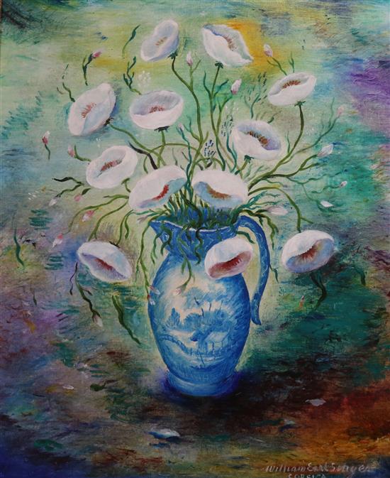 William Earl Singer (1910-1985), oil on canvas, still life of white poppies in a jug, signed and inscribed Corsica, 72 x 58.5cm